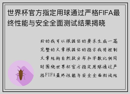 世界杯官方指定用球通过严格FIFA最终性能与安全全面测试结果揭晓 世界杯官方指定用球通过严格FIFA最终性能与安全全面测试结果揭晓