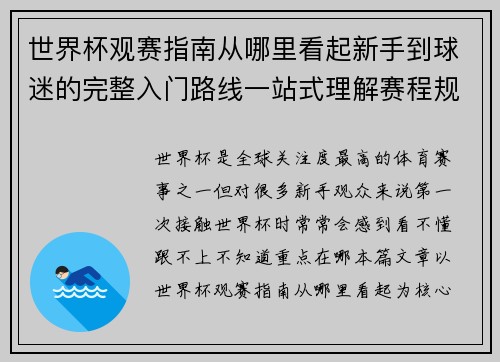 世界杯观赛指南从哪里看起新手到球迷的完整入门路线一站式理解赛程规则看点 世界杯观赛指南从哪里看起新手到球迷的完整入门路线一站式理解赛程规则看点