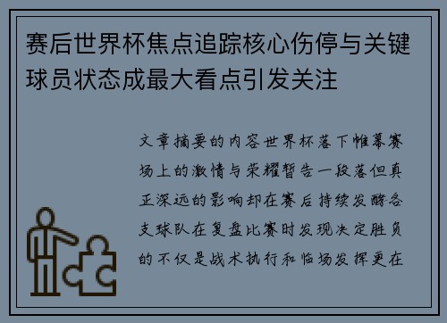 赛后世界杯焦点追踪核心伤停与关键球员状态成最大看点引发关注 赛后世界杯焦点追踪核心伤停与关键球员状态成最大看点引发关注